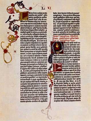 СТРАНИЦА ИЗ 42-СТРОЧНОЙ БИБЛИИ, первой в мире печатной (напечатанной с помощью подвижных литер) книги (1456) (Гутенберговой Библии.)
