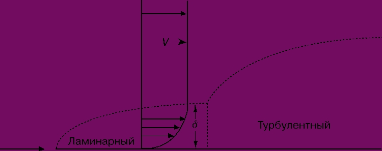 Рис. 6. ПОГРАНИЧНЫЙ СЛОЙ на плоской пластине (изображенной горизонтальной линией). Вблизи передней кромки пластины течение ламинарное (слоистое). За точкой перехода (соответствует вертикальной штриховой линии) течение турбулизуется. Одна из важных проблем аэродинамики - определение положения точки перехода, которое зависит от характеристик шероховатости поверхности, толщины и формы тела, а также от турбулентности внешнего течения и ряда других факторов.