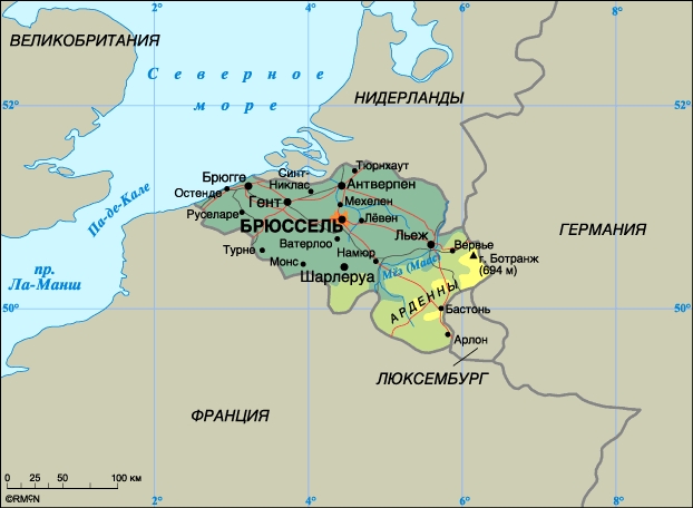 Бельгия. Столица - Брюссель. Население - 10,1 млн. человек (1998). Плотность населения - 331 человек на 1 кв. км. Городское население - 97%, сельское - 3%. Площадь - 30 528 кв. км. Самая высокая точка - гора Ботранж (694 м). Официальные языки - нидерландский (фламандский), французский, немецкий. Основная религия - римский католицизм. Административно-территориальное деление: 3 региона и 3 сообщества. Денежная единица: бельгийский франк. Национальные праздники: День принесения королем Леопольдом I присяги на верность Конституции (1831) - 21 июля; День королевской династии - 15 ноября. Государственный гимн: Брабансон (первая строка в переводе: Годы рабства прошли).