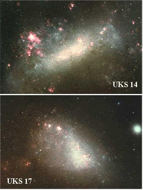 Рис. 9. БОЛЬШОЕ И МАЛОЕ МАГЕЛЛАНОВЫ ОБЛАКА - ближайшие и ярчайшие галактики, которые видны невооруженным глазом на южном небе. Они были известны арабам в 11 в. Структура Большого Облака похожа на неправильную пересеченную спираль.