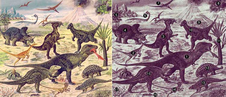 ЖИЗНЕННЫЕ ФОРМЫ МЕЛОВОГО ПЕРИОДА. Меловой период начался ок. 135 млн. лет тому назад и закончился около 65 млн. лет назад. Динозавры в это время были многочисленны и разнообразны, но к концу периода все они вымерли. Сушу, море и воздух освоили другие крупные рептилии, а млекопитающие были еще примитивны и мелки. К концу периода доминирование в растительном мире перешло к цветковым. В приведенном ниже списке названия динозавров даны без уточнения группы, к которой относится род. 1 - Tyrannosaurus; 2 - Ornithomimus; 3 - Parasaurolophus; 4 - Triceratops; 5 - Pandanus (цветковое); 6 - Elasmosaurus (морская рептилия); 7 - Pteranodon (летающий ящер); 8 - Гинкго (голосеменное); 9 - Пальма (цветковое); 10 - Iguanodon; 11 - Williamsonia (беннеттитовое); 12 - Scolosaurus; 13 - Ankylosaurus; 14 - Deinonychus; 15 - Anatosaurus; 16 - Deltatheridium (раннее млекопитающее, напоминающее землеройку); 17 - Магнолия (цветковое).