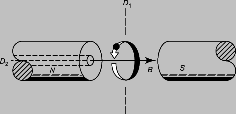 Рис. 3. ЭФФЕКТ ЗЕЕМАНА. Эффект можно наблюдать с помощью спектроскопа, установленного в положение D1 или D2, если заряд излучает, двигаясь по окружности, между северным и южным полюсами магнита.