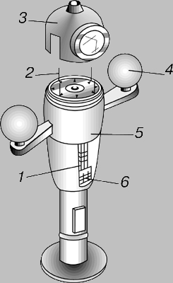Рис. 4. НАКТОУЗ, подставка для судового компаса. Четвертные сферы и курсовой магнит компенсируют влияние судового магнетизма. 1 - курсовой магнит; 2 - маркер курсовой черты; 3 - защитный колпак; 4 - четвертная сфера; 5 - котелок компаса; 6 - магниты.