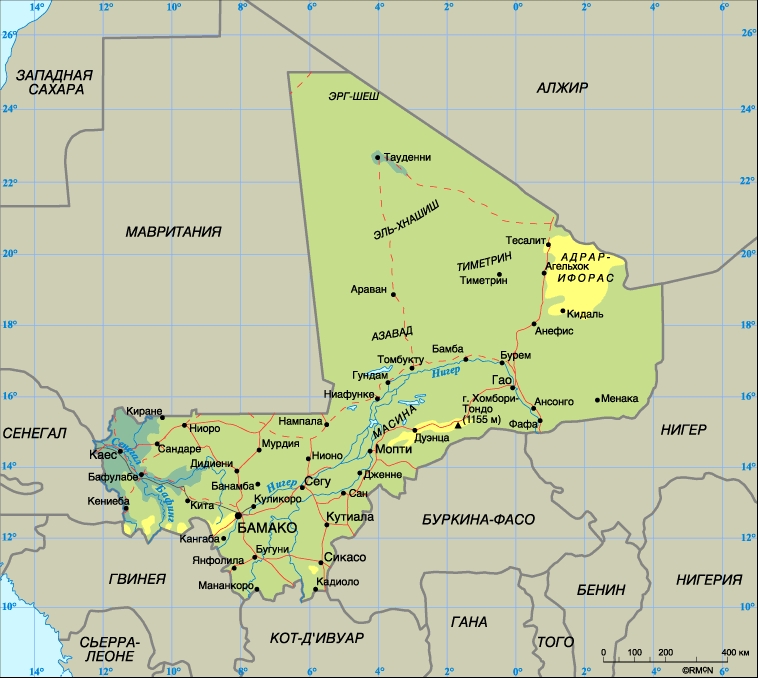 Мали. Столица - Бамако. Население - 11 831 тыс. человек (1998). Плотность населения - 9,5 человек на 1 кв. км. Городское население - 26%, сельское - 74%. Площадь - 1,24 млн. кв. км. Самая высокая точка - гора Хомбори-Тондо (1155 м), самая низкая - 23 м над у.м. Основные языки: манде, фульбе, французский (официальный). Основная религия: ислам. Административно-территориальное деление - 8 областей. Денежная единица - франк КФА. Национальный праздник: День независимости - 22 сентября. Государственный гимн: На твой призыв, Мали, за твое процветание, верные твоей судьбе.