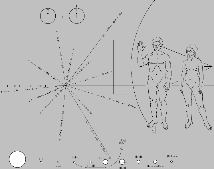 ГРАВИРОВАННАЯ ТАБЛИЧКА на борту межпланетной станции Пионер. Внизу схема Солнечной системы и траектория полета аппарата: от Земли, мимо Юпитера, - к звездам. Фигуры людей показаны на фоне силуэта Пионера, для масштаба. Звездообразная фигура слева показывает положение Солнечной системы в Галактике относительно 14 радиопульсаров; точный период каждого пульсара записан в двоичном коде вдоль луча, указывающего направление к нему от Солнца. Единицами измерения длины и времени служат характеристики линии излучения атома водорода (схема наверху): длина этой линии 21 см, а частота 1420 МГц. В условиях космического пространства эта табличка сохранится сотни миллионов, а возможно, и миллиарды лет и станет самым долгоживущим произведением человеческих рук.