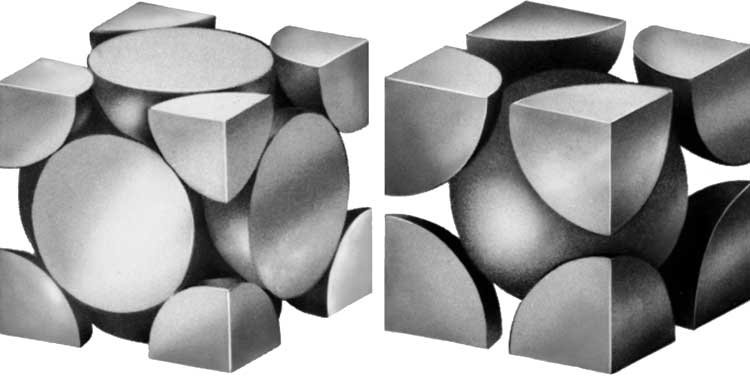 Рис. 2. ПРОСТЫЕ КРИСТАЛЛИЧЕСКИЕ СТРУКТУРЫ МЕТАЛЛА, демонстрирующие (слева) вид кубической гранецентрированной решетки, известной также под названием кубической решетки с плотной упаковкой, и (справа) вид объемно-центрированной кубической решетки.