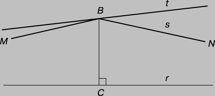 Рис. 4. ЛЮБАЯ ПОЛУПРЯМАЯ, например t, являющаяся продолжением стороны угла NBM, образует с r пару гиперпараллельных, т.е. две прямые, которые не пересекаются и не параллельны.