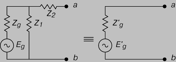 Рис. 3. ТЕОРЕМА ТЕВЕНЕНА. Внутренний импеданс Zg эквивалентного источника напряжения равен импедансу между полюсами a и b, который слагается из Z2 и параллельно соединенных друг с другом Z1 и Zg.
