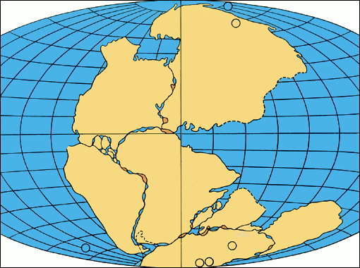 Пангея (200 млн лет назад); кружками показано положение палеомагнитных полюсов, по которым определялось положение материков, составлявших Пангею.