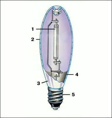 Натриевая лампа высокого давления (в светорассеивающей колбе): 1 - разрядная трубка; 2 - стеклянная внешняя колба; 3 - рассеивающее покрытие; 4 - бариевый газопоглотитель; 5 - цоколь.
