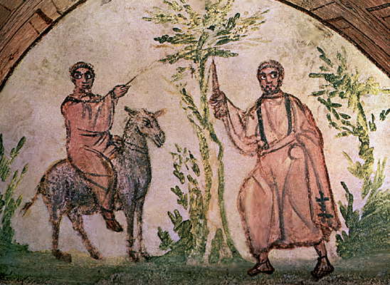 Валаамова ослица. Валаам и ангел, преграждающий ему дорогу. Фреска 4 в. Катакомба на Виа Латина. Рим.