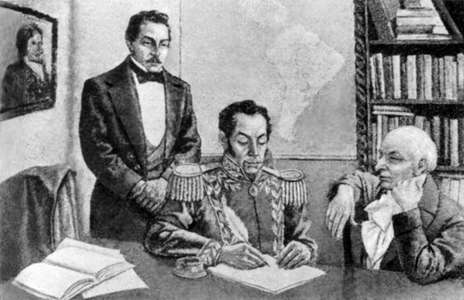 Война за независимость испанских колоний в Америке 1810-26. Боливар подписывает Основной закон об образовании федеративной республики Колумбии. Слева от С.Боливара - Ф. де П. Сантандер.