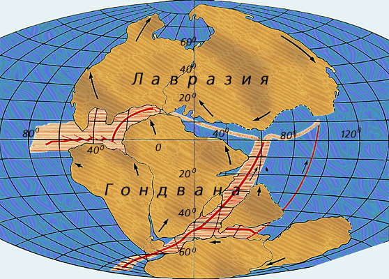Гондвана. Расположение древних платформ Лавразия и Гондвана (180 млн. лет назад); стрелками показано направление движения.