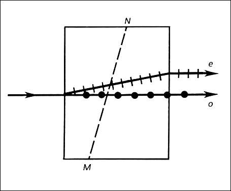 Двойное лучепреломление (схема): MN - направление оптической оси; о - обыкновенный луч; е - необыкновенный луч.