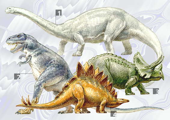 Динозавры: 1 - бронтозавр (апатозавр); 2 - тиранозавр; 3 - трицератопс; 4 - стегозавр.