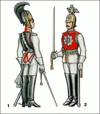 Кавалергарды. 1 - Обер-офицер, 1820-е гг.; 2 - рядовой в дворцовой форме, кон. 19 - нач. 20 вв.