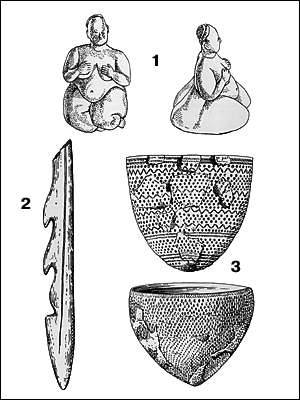 Каменный век. Неолит: 1 - женские статуэтки из глины; 2 - гарпун из рога; 3 - глиняная посуда с ямочным орнаментом.