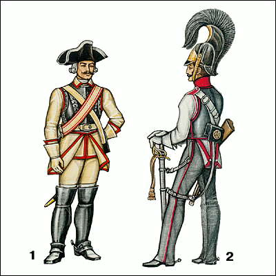 Кирасиры: 1 - рядовой Кирасирского полка, 1732-42; 2 - рядовой Псковского кирасирского полка, 1840-е гг.