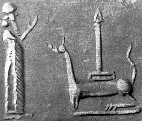 Мардук. Оттиск печати. Вавилонский жрец перед алтарем с символами Мардука - драконом и копьем.