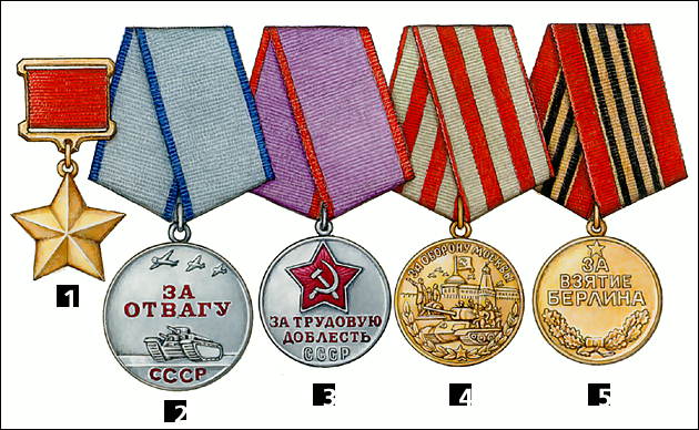 Медали (СССР): 1 - Золотая звезда (1939); 2 - За отвагу (1938); 3 - За трудовую доблесть (1938); 4 - За оборону Москвы (1944); 5 - За взятие Берлина (1945).