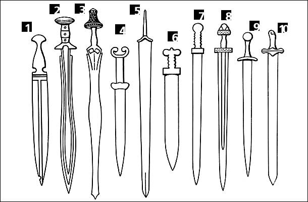 Мечи: 1-2 - древнейшие типы бронзовых мечей; 3 - древнейший тип европейских железных мечей (гальштатская культура); 4 - скифский меч акинак; 5 - меч латенской культуры (5-1 вв. до н.э.); 6 - римский меч гладиус; 7 - длинный римский меч спата; 8-9 - древн