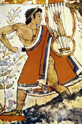 Музыкант с цитрой. Фреска эпохи этрусков из гробницы Леопардов. Тарквиния.