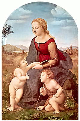 Рафаэль Санти. Мадонна с младенцем Хpистом и Иоанном Кpестителем (Пpекpасная садовница).