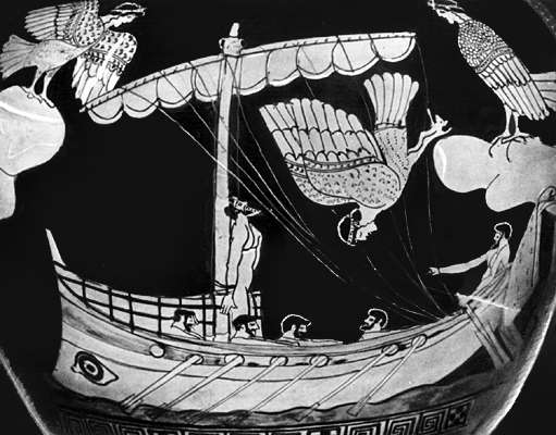Сирены. Фрагмент росписи краснофигурного стамноса: корабль Одиссея и сирены. Ок. 475 до н.э. Британский музей. Лондон.