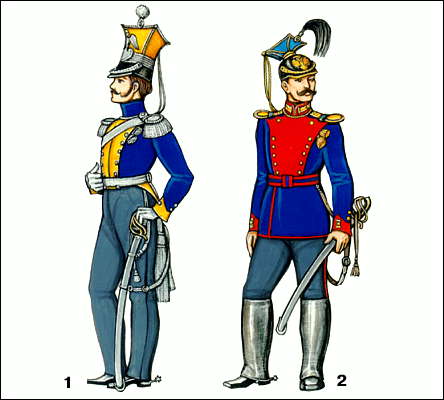 Уланы: 1 - штаб-офицер Волынского уланского полка, 1833; 2 - рядовой 2-го лейб-уланского Курляндского полка, 1869.