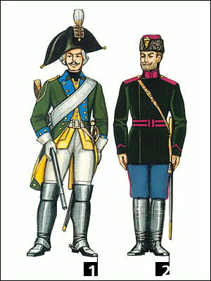 Драгуны: 1 - рядовой Владимирского полка. 1797-1801; 2 - рядовой.