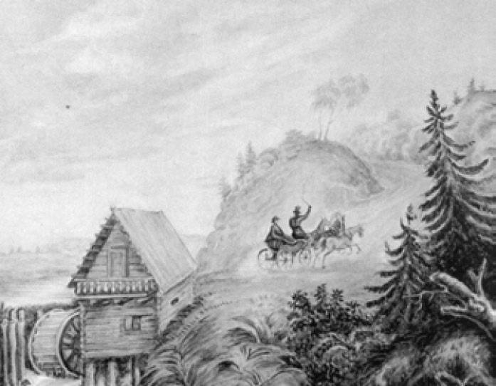 Пейзаж с мельницей. Акварель М. Ю. Лермонтова. 1835