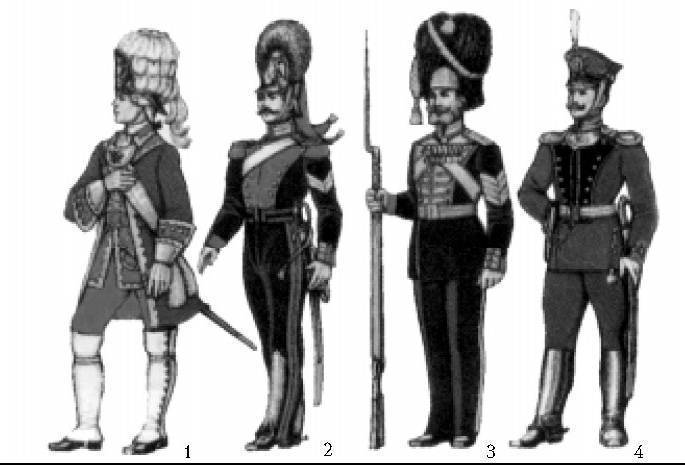 Гвардия: 1 - обер-офицер лейб-гвардии Преображенского полка, 1740; 2 - рядовой лейб-гвардии Конно-гренадерского полка, 1841-48; 3 - рядовой роты Дворцовых гренадер, 2-я пол. 19 - нач. 20 в.; 4 - обер-офицер лейб-гвардии Первой артиллерийской бригады, 1911