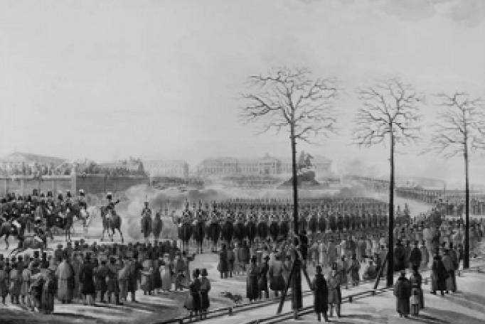 Декабристы. 14 декабря 1825 года на Сенатской площади. Акварель К. И. Кальмана. 1850-е гг.