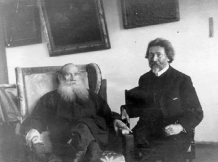 И. Е. Репин (справа) и Л. Н. Толстой. Ясная Поляна. 1908