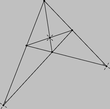 Рис. 1. ПОЛНЫЙ ЧЕТЫРЕХВЕРШИННИК можно получить, соединив попарно четыре точки шестью прямыми. Точки пересечения противоположных сторон (диагональные точки) отмечены звездочками.