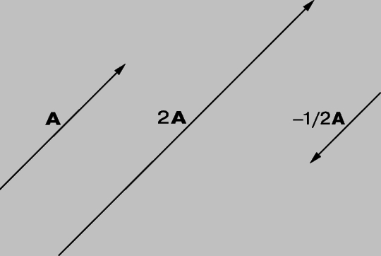 Рис. 4. ПРОИЗВЕДЕНИЕ ВЕКТОРА И СКАЛЯРА. Вектор 2A имеет удвоенный модуль и то же направление, что и A; вектор -(1/2)A имеет половинный модуль и противоположное направление.