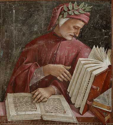 ДАНТЕ АЛИГЬЕРИ, увенчанный лавровым венком, на портрете работы Луки Синьорелли (ок. 1441-1523).