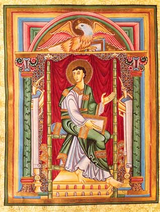 ЕВАНГЕЛИСТ СВ. ИОАНН БОГОСЛОВ. Миниатюра из рукописи 11 в. (Codex Caesareus Upsaliensis).