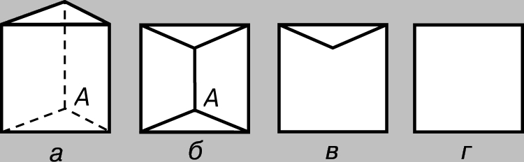 Рис. 5. ФОРМУЛА ЭЙЛЕРА позволяет решить, какие многогранники могут быть сведены к плоским фигурам последовательным удалением одной грани за другой. На рисунке показано превращение треугольной призмы в квадрат.
