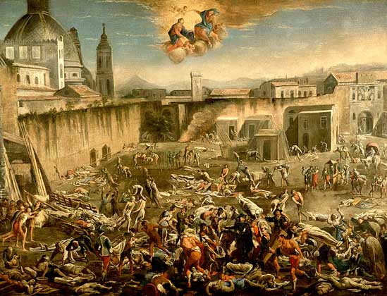КАРТИНА ЧУМА В НЕАПОЛЕ В 1656 показывает опустошительное действие Черной Смерти (Музей Сан-Мартино, Неаполь.)