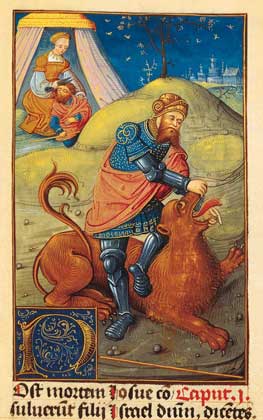 САМСОН, убивающий льва. Миниатюра из Библии 16 в.