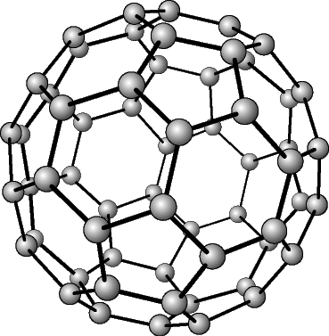 ФУЛЛЕРЕН-60, в котором 60 атомов углерода, соединенных одинарными и двойными связями, образуют многогранник из 20 шестиугольников и 12 пятиугольников. Он представляет собой третью аллотропную форму углерода (первые две - алмаз и графит).
