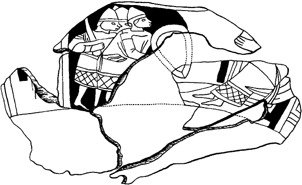 Рославль. Фрагмент деревянной чаши начала XIII в. с изображением воинов.