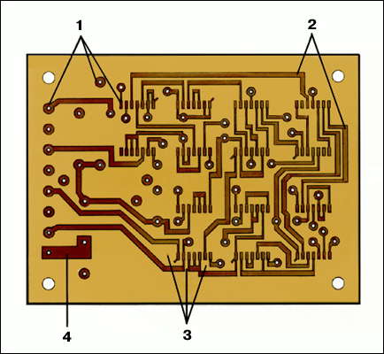 Печатная плата: 1 - контактные площадки; 2 - печатные проводники; 3 - электроизоляционные промежутки; 4 - контактные площадки для соединения с внешними электрическими цепями.