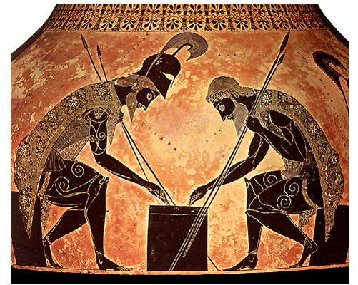 Ахилл и Аякс, играющие в кости. Фрагмент росписи чернофигурной амфоры Эксекия. 530-525 до н.э. Ватиканские музеи. Рим.