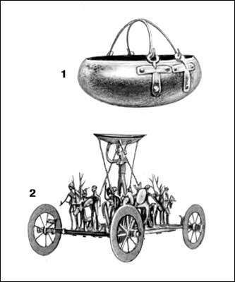 Гальштатская культура: 1 - бронзовый котел; 2 - бронзовая колесница.
