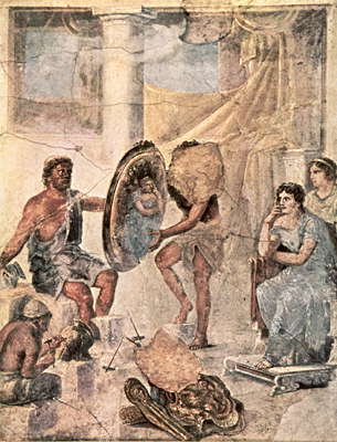 Гефест. Фреска из Помпей: Гефест показывает Фетиде щит, изготовленный для Ахилла. Ок. 70 н.э. Национальный музей. Неаполь.