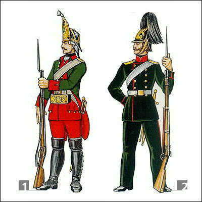 Гренадеры: 1 - гренадер пехотного полка, 1756-1761; 2 - рядовой Гренадерского генералиссимуса князя Суворова полка, 1855.