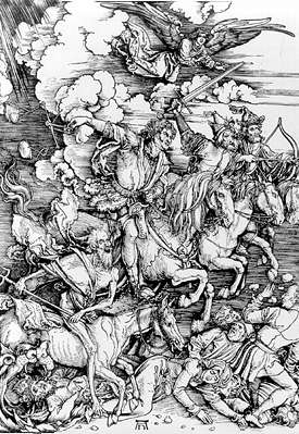 А. Дюрер. Четыре всадника. Гравюра к Апокалипсису. 1498.