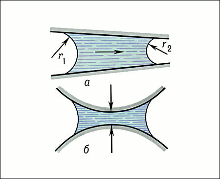 Капиллярные явления: а - перемещение жидкости в капилляре под действием разности капиллярных давлений; r1, r2 - радиусы капилляра (r1) (r2); б - стягивающее действие капиллярного давления в капилляре с гибкими стенками.